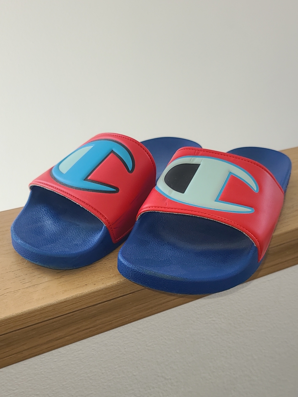 Champion Red and Blue Men’s Slide Sandals with Aqua Logo Accent